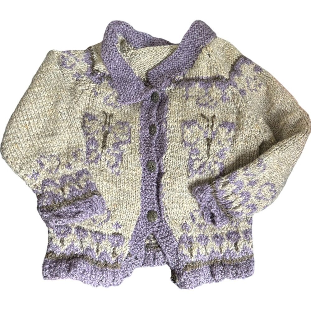 Hand Knit Wool Cardigan Sweater Toddler 4T Purple Grey Butterflies Buttons